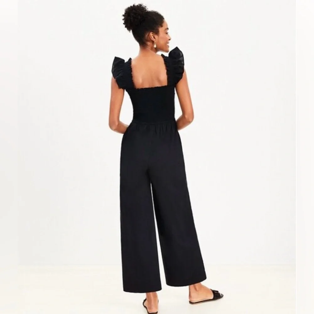 LOFT Beach Ruched Wide Leg Jumpsuit for Black with pockets. 100% cotton - Picture 3 of 14